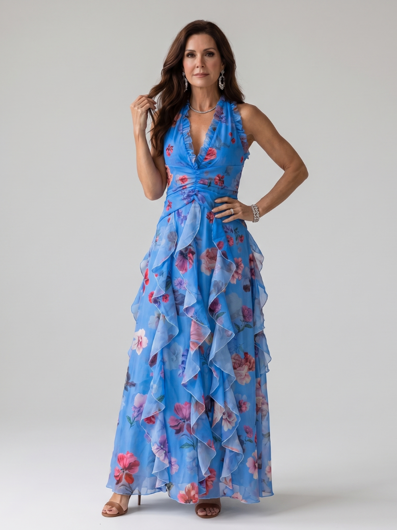 Nori | Halter Nek Rimpel Lijfje Bloemen Maxi Jurk