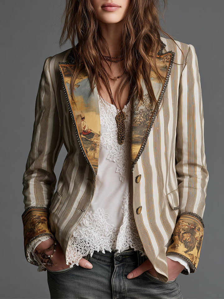 Suzanne | Boheemse Gestreepte Blazer met Gedrukt Kraag