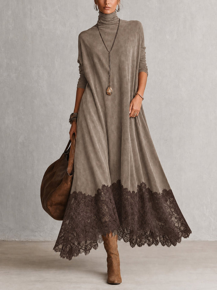 Pien | Lange Jurk met Suede Effect en Kantzoom