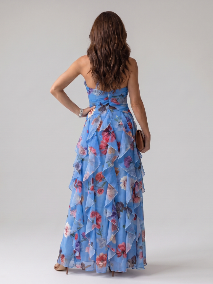 Nori | Halter Neck Gerimpelde Bodice Bloemen Maxi Jurk