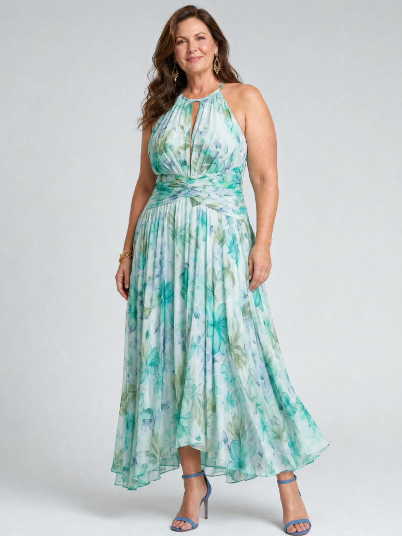 Portia | Geplooide Halter Zachte Bloemenpatroon Midi Jurk