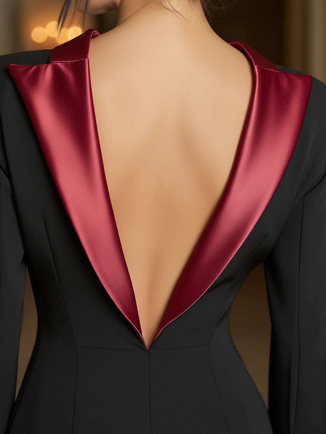Zwarte Blazer Jurk Met Diepe Bordeau Satijnen Afwerking & Open Rug Detail