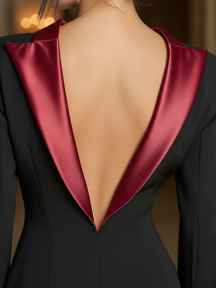 Zwarte Blazer Jurk Met Diepe Bordeau Satijnen Afwerking & Open Rug Detail
