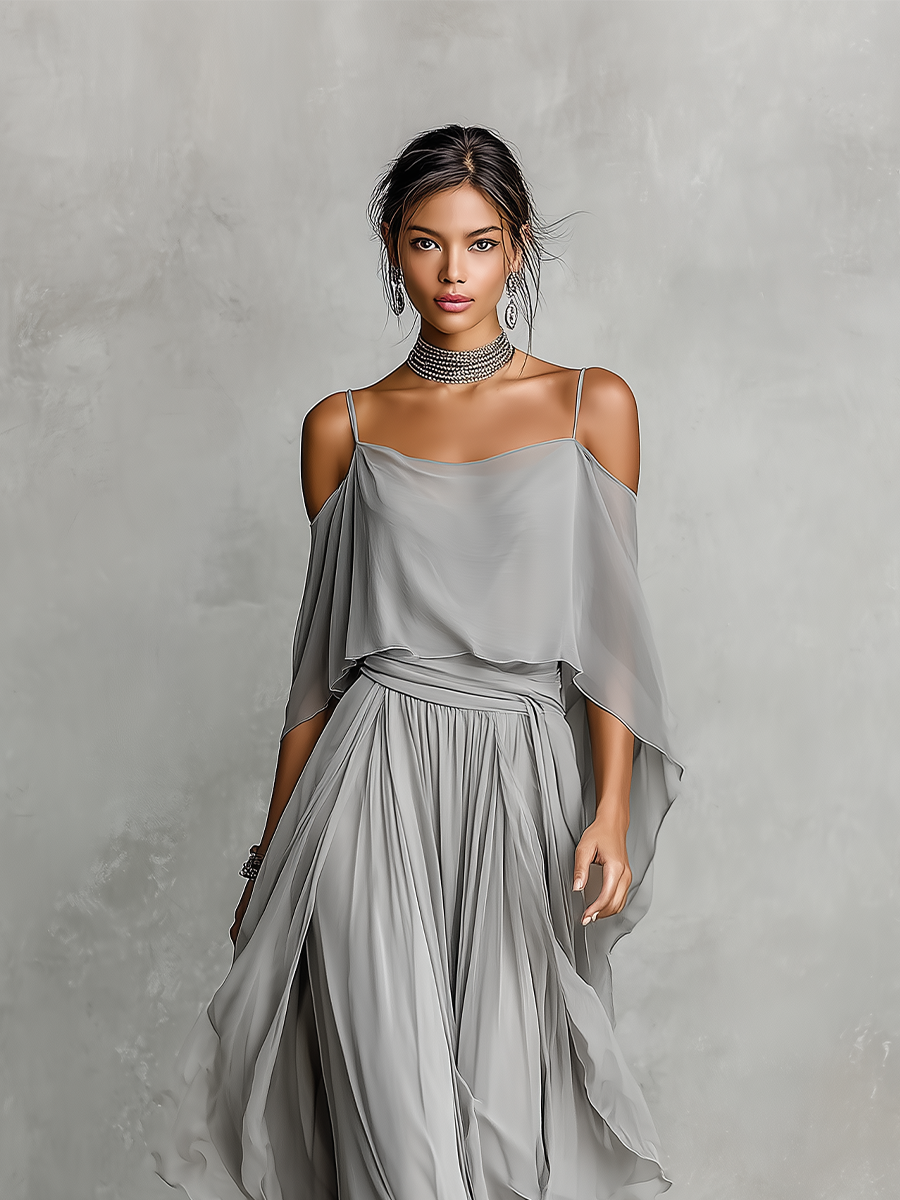 Grijze Ademend Chiffon Set voor Vrouwen met Off-Shoulder Detail & Uitlopende Silhouet, Luxe-Vrouwelijke Hedendaagse Stijl