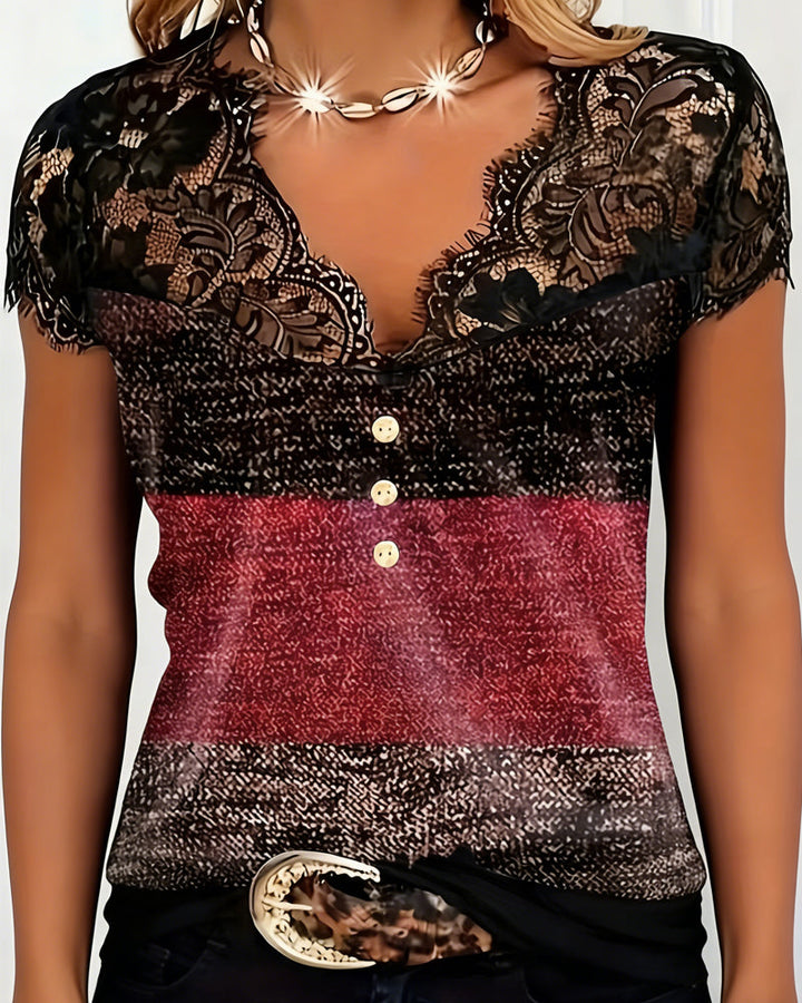 T-shirt met V-hals en Kanten en Kleurrijk Patchwork