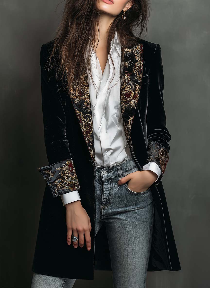 Léontine | Slim Fit Geprinte Barok Zwarte Blazer