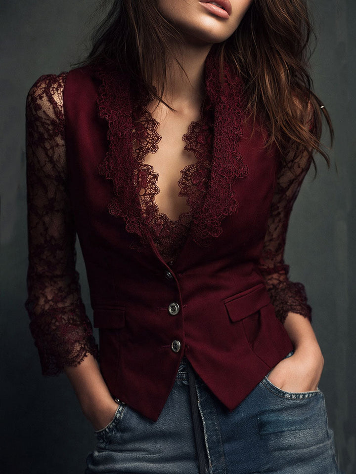 Noémie | Hoge Zwarte Blazer met Semi-Transparante Mouwen