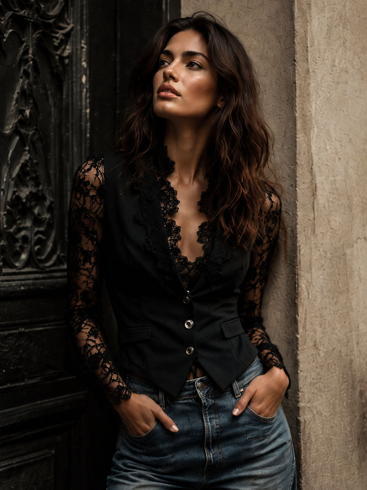 Noémie | Hoge Zwarte Blazer met Semi-Transparante Mouwen