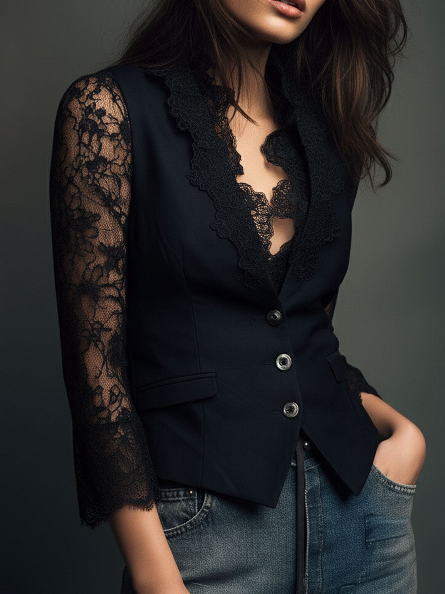 Noémie | Hoge Zwarte Blazer met Semi-Transparante Mouwen