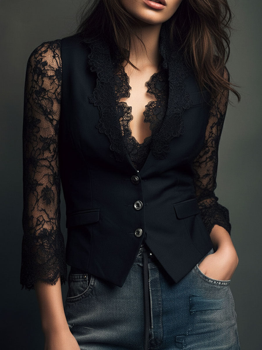 Noémie | Hoge Zwarte Blazer met Semi-Transparante Mouwen