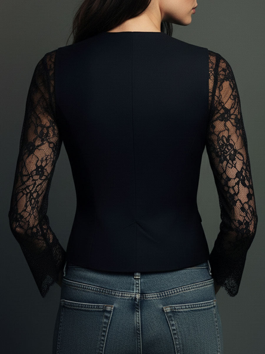 Noémie | Hoge Zwarte Blazer met Semi-Transparante Mouwen