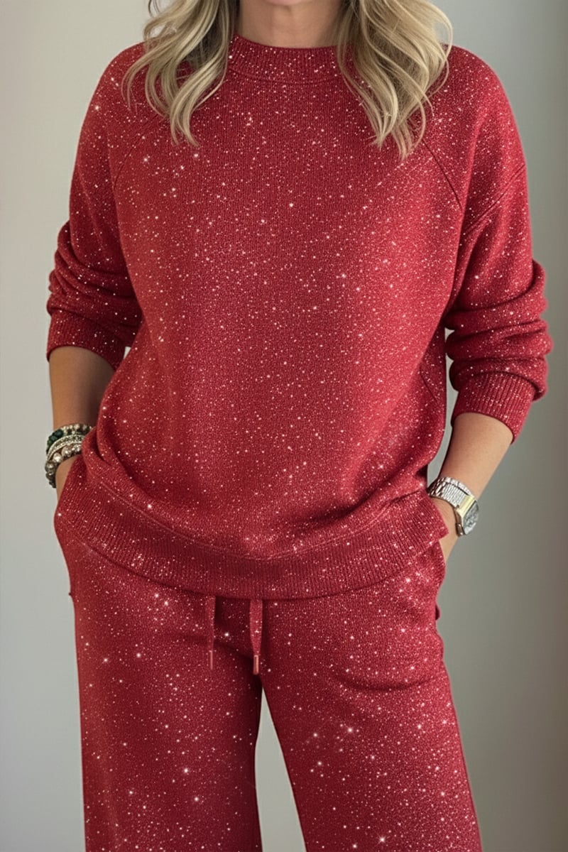 Glanzend Casual Setje Dames — Tweedelig Broekpak met Ronde Hals