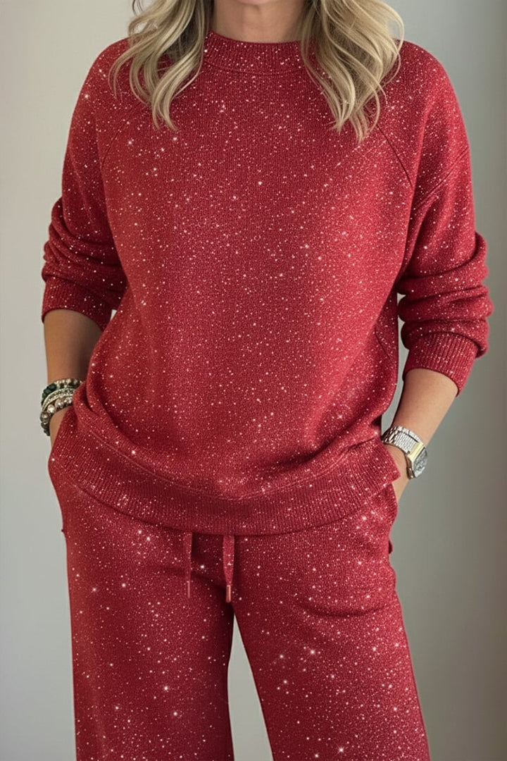 Glanzend Casual Setje Dames — Tweedelig Broekpak met Ronde Hals