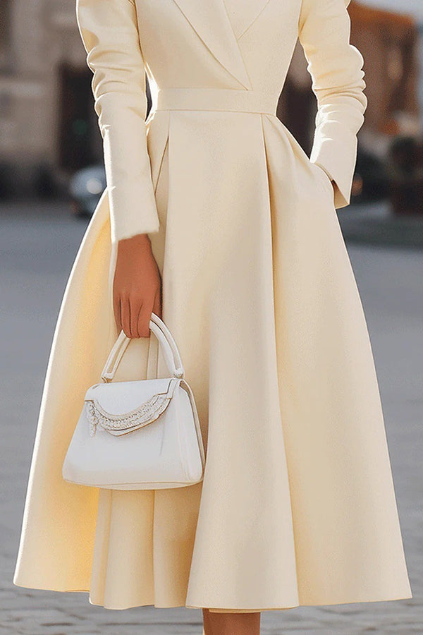 Elegante V-hals Lange Mouwen Aangesneden Taille Midi Jurk