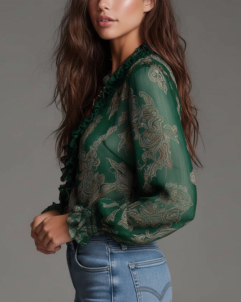 Blouse Demi-Zip Volant Retro