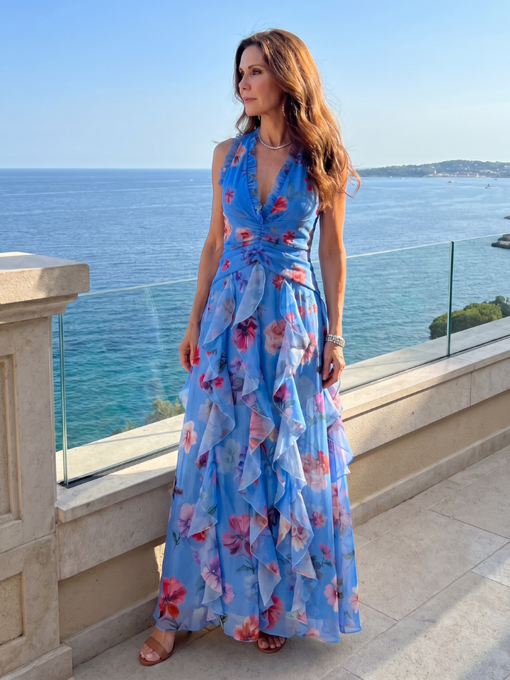 Nori | Halter Nek Rimpel Lijfje Bloemen Maxi Jurk