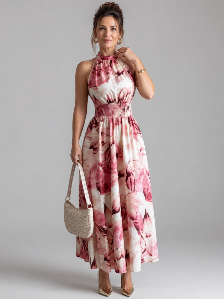 Olivia | Geplooide Taille Abstract Print Midi Jurk