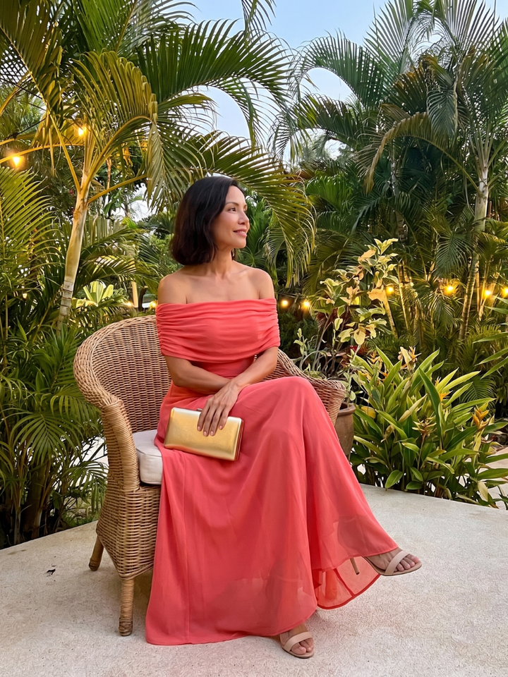 Juni | Off Shoulder Draped Midi Jurk