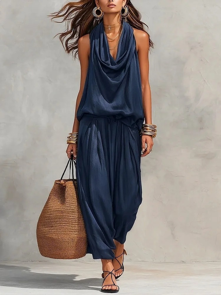 Zwarte Halter Nek Mouwloze Top En Plissé Broek Set