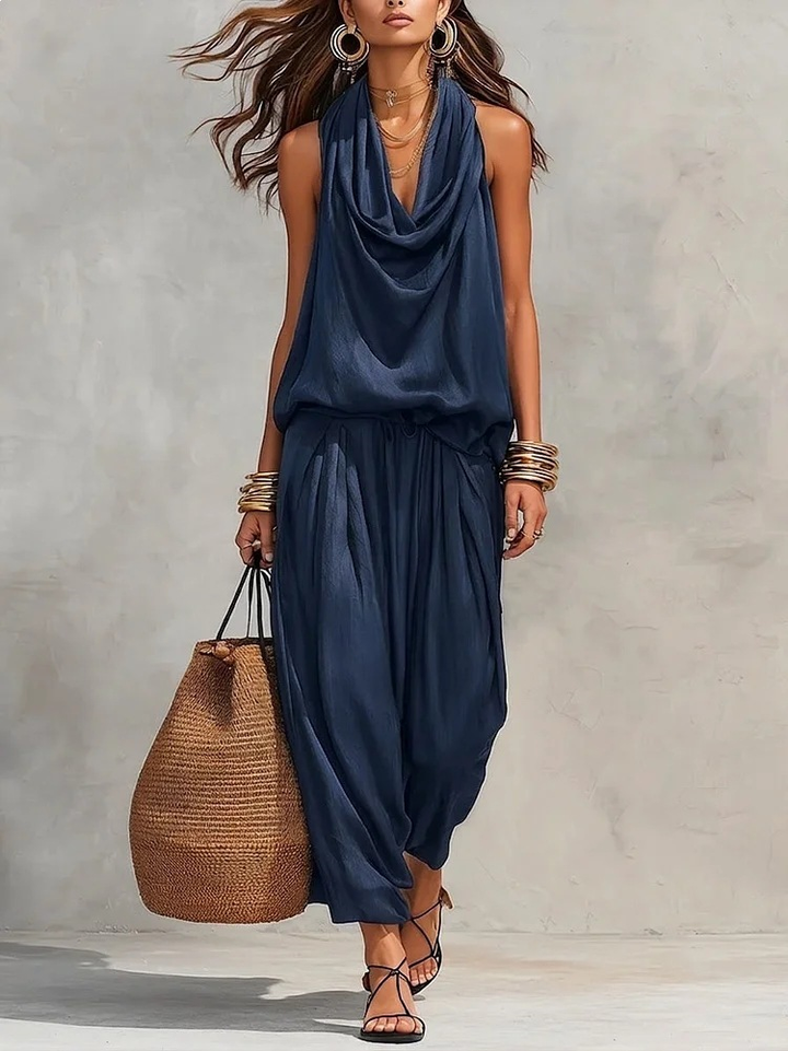 Zwarte Halter Nek Mouwloze Top En Plissé Broek Set