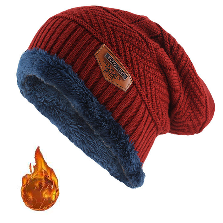 Leren gebreide muts voor mannen, winter, met label, slouchy stijl, gevoerd met dikke fleece