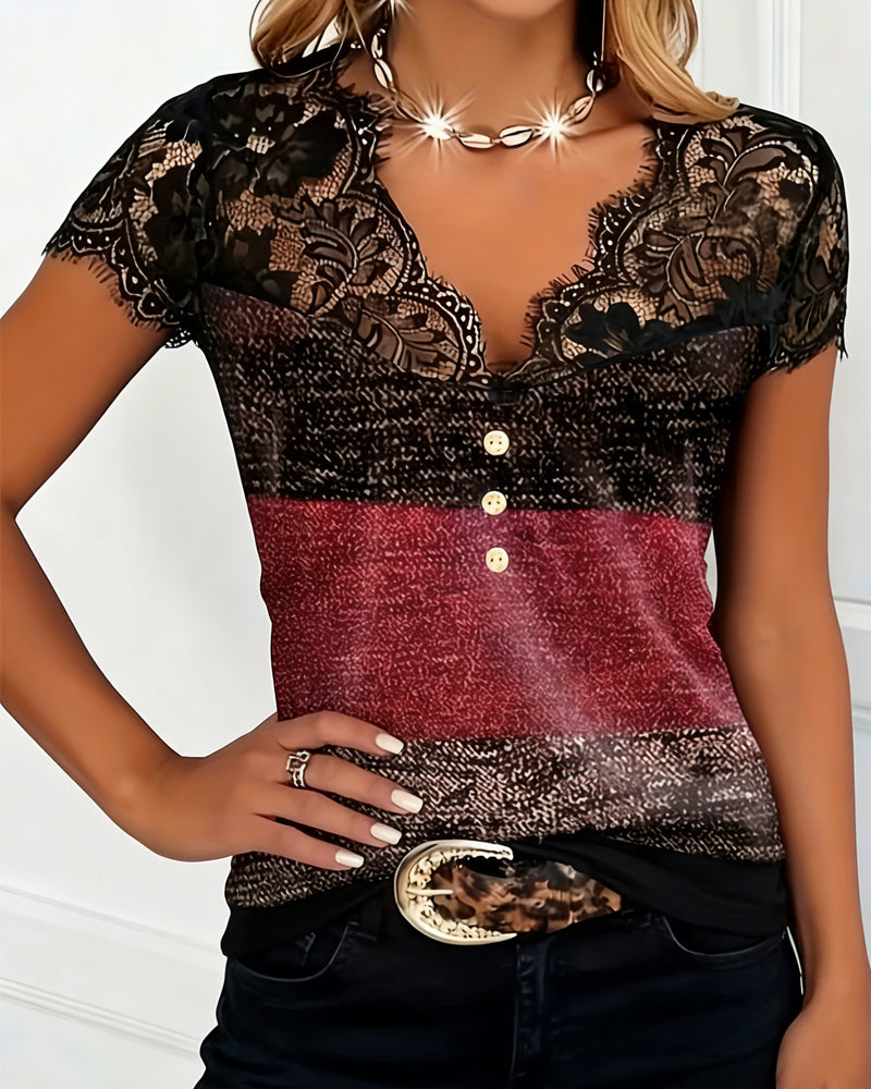 T-shirt met V-hals en Kanten en Kleurrijk Patchwork