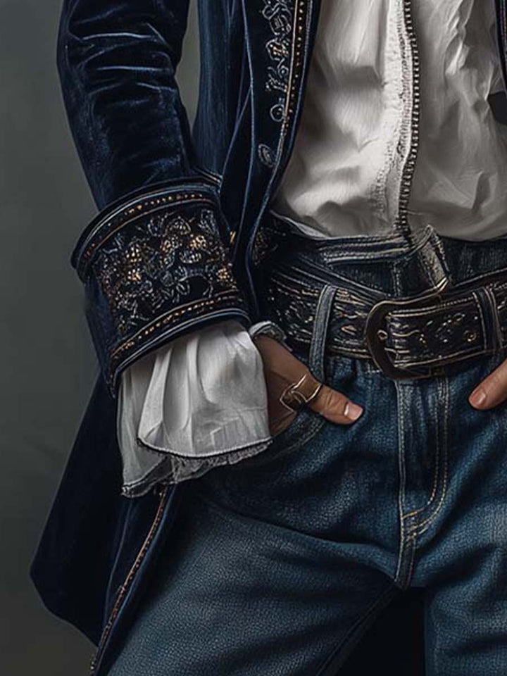 Athénaïs | Lange Geborduurde Vintage Jas Marineblauw