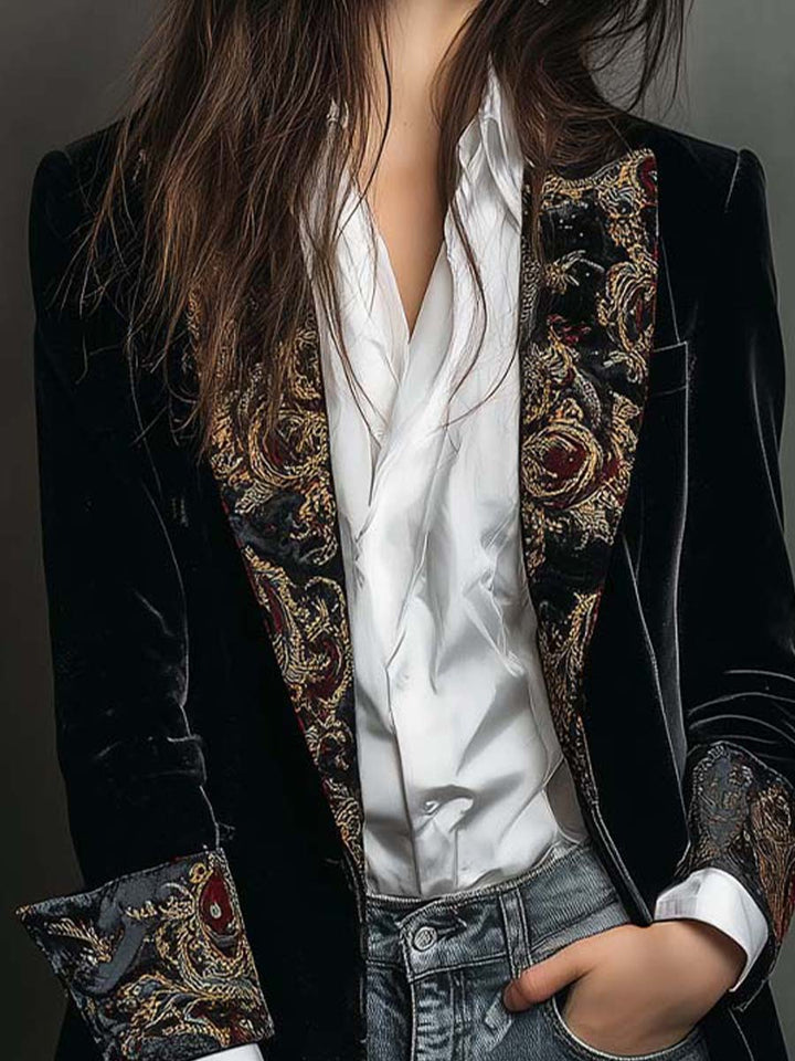 Léontine | Slim Fit Geprinte Barok Zwarte Blazer