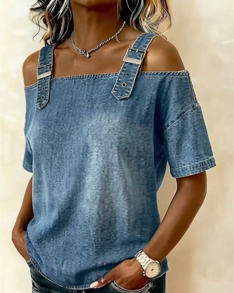Chemisier Off-Shoulder met Spaghetti Bandjes in Denim