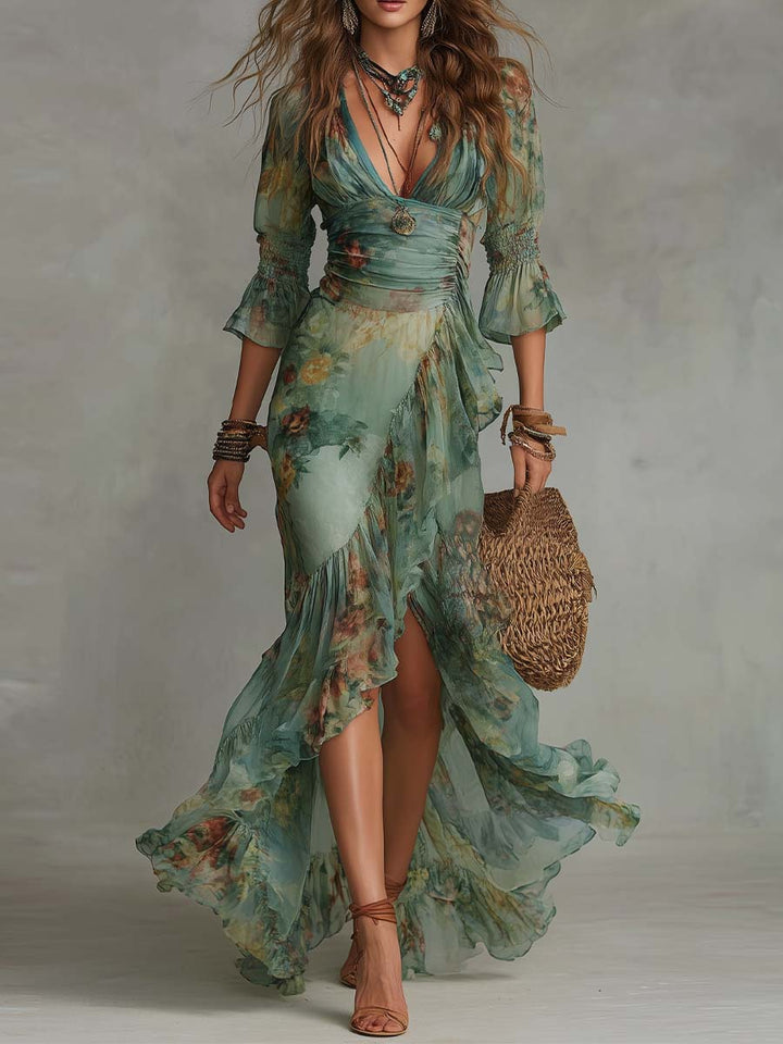 Aurora - lange bloemen boho jurk met romantische asymmetrische zoom