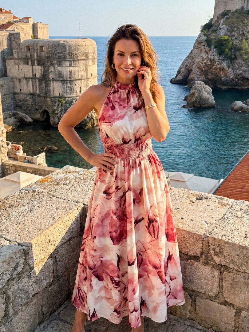 Olivia | Geplooide Taille Abstract Print Midi Jurk