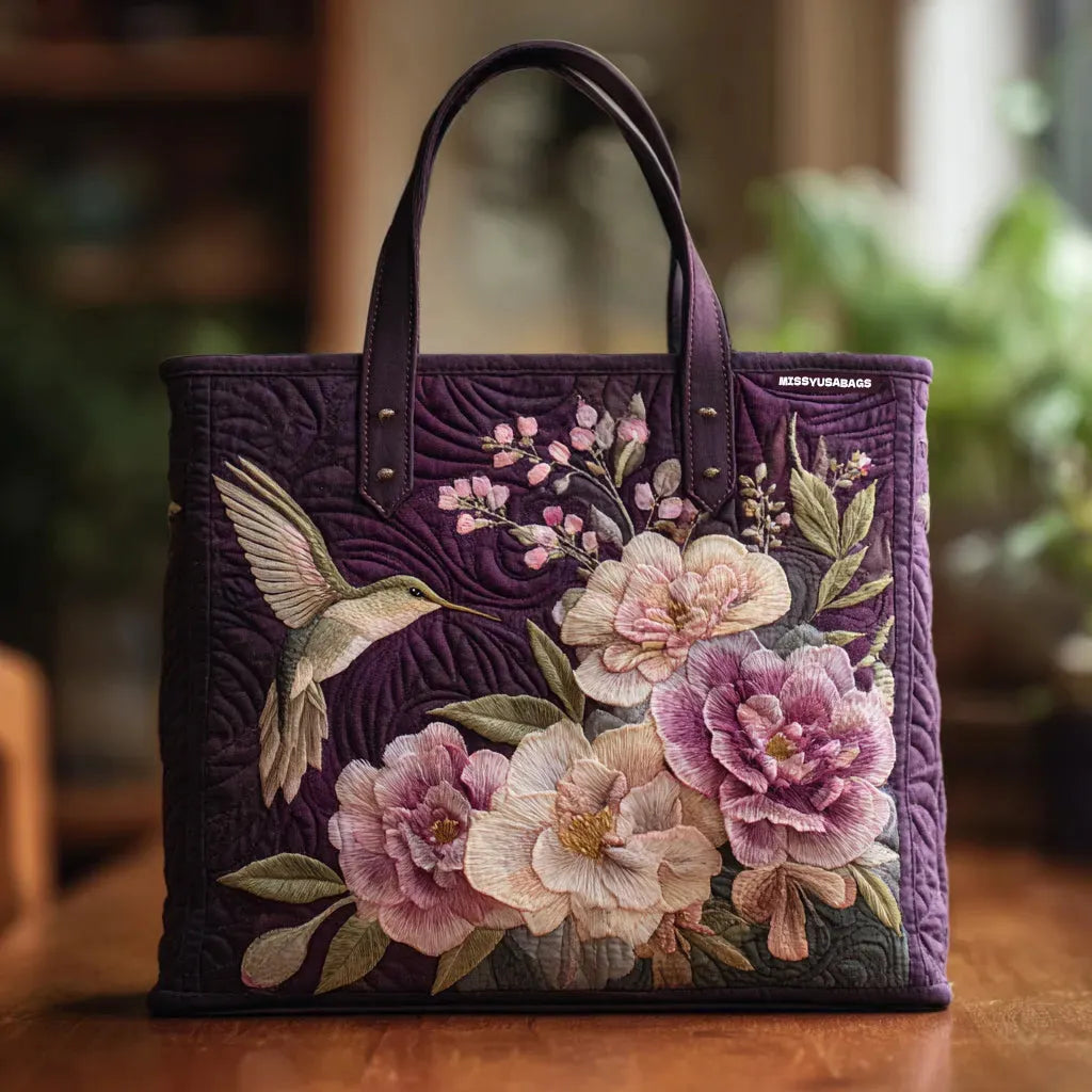 Handgemaakte Paarse Gevoerde Tas met Kolibries en Orchideeën