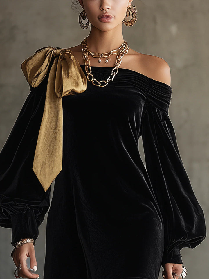 Zwarte Velvet En Gouden Satijnen Patchwork Off The Shoulder Mini Jurk