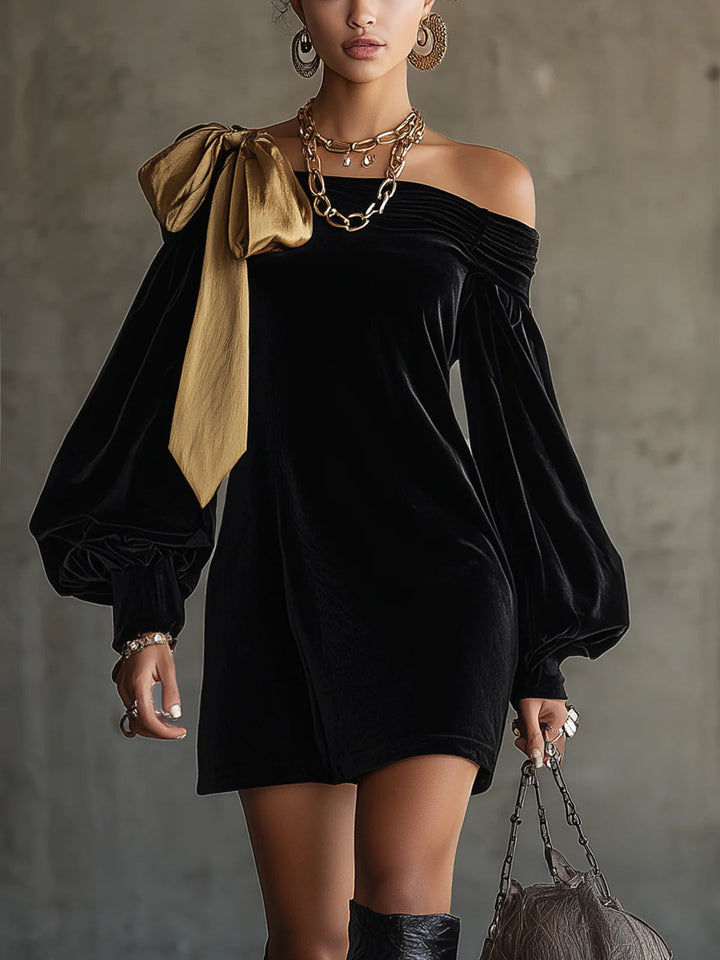 Zwarte Velvet En Gouden Satijnen Patchwork Off The Shoulder Mini Jurk