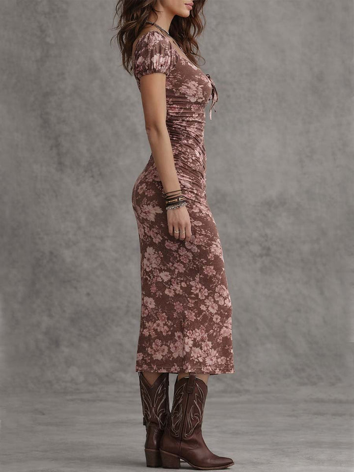 Sweetheart Neck Puff Sleeve Bodycon Midi Dress Met Split