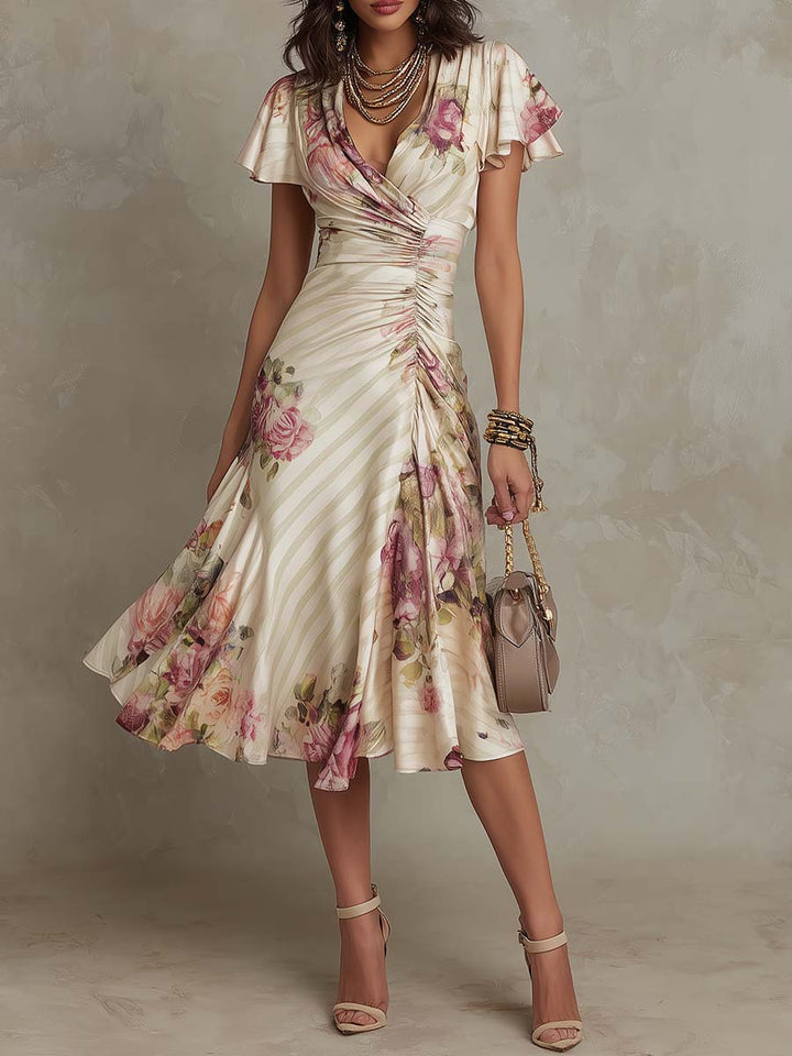 Elegante vintage bloemen satijnen midi-jurk