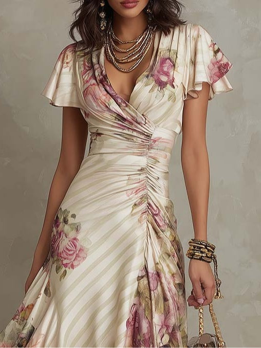 Alba - Elegante retro midi jurk in satijn met bloemenprint