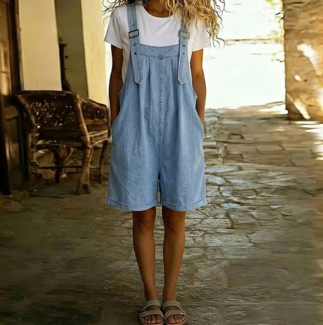 Isabel - Korte denim jumpsuit met een zachte katoenlook en vintage wasbeurt Lichtblauw