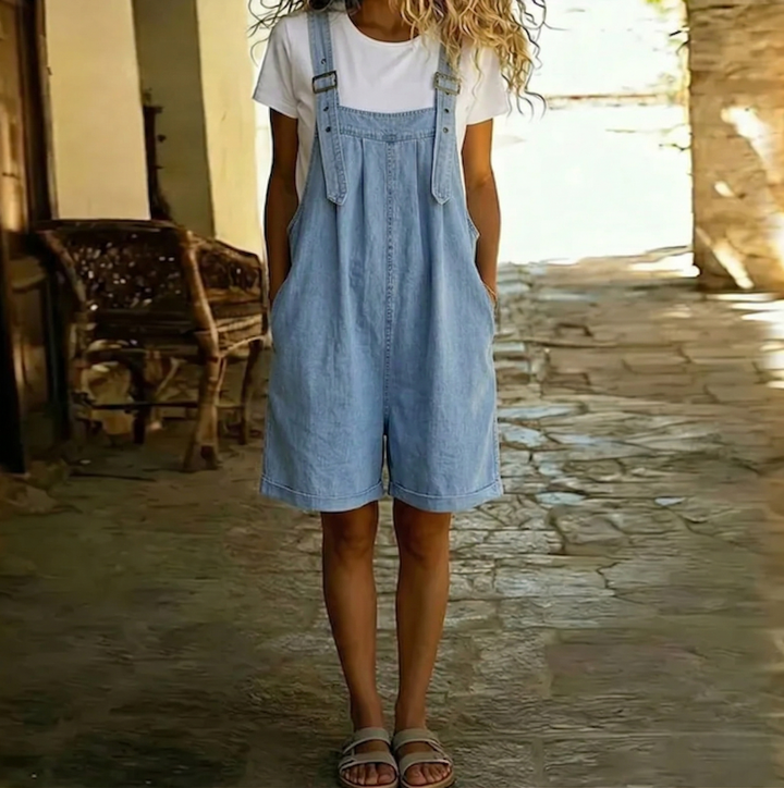 Isabel - Korte denim jumpsuit met een zachte katoenlook en vintage wasbeurt Lichtblauw
