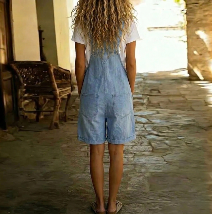 Isabel - Korte denim jumpsuit met een zachte katoenlook en vintage wasbeurt Lichtblauw