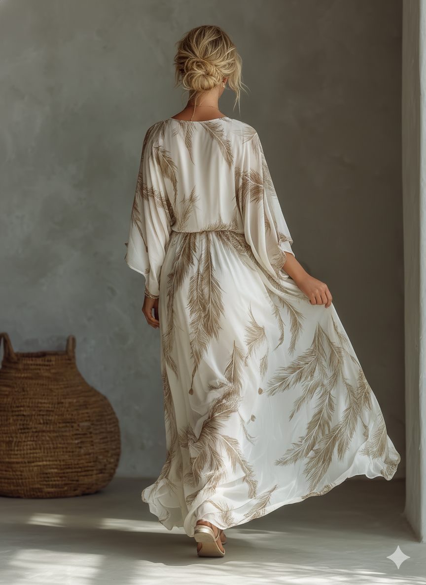 Maxi Jurk in Ivoor en Taupe van Chiffon met Dolman Mouwen, Gedraaide Voorkant en Palmbladprint