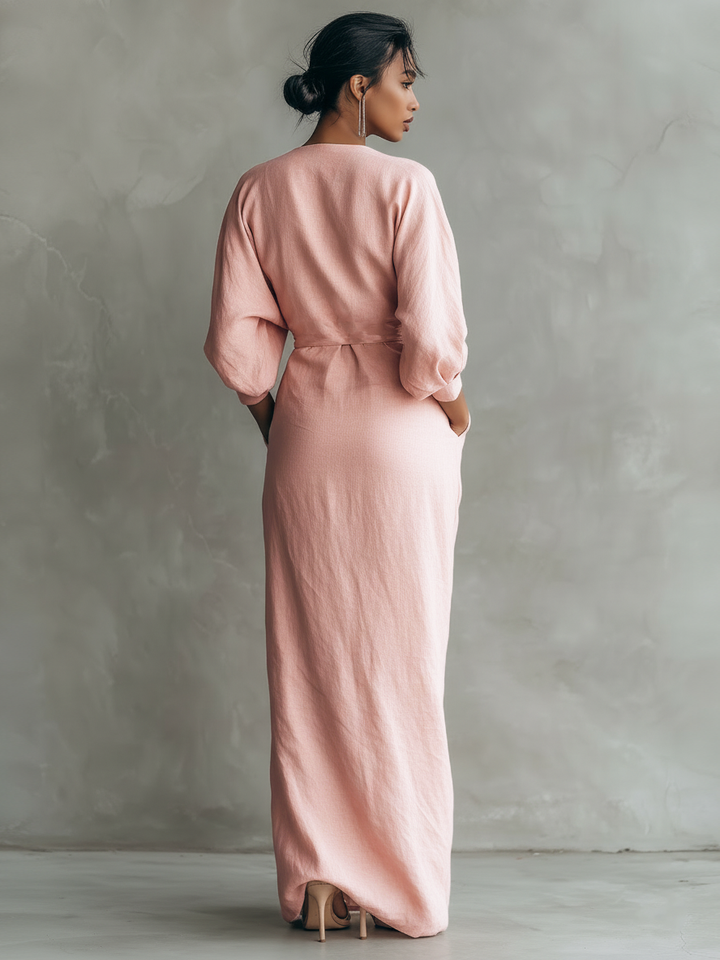 Maxi Minimalistische Roze Jurk met V-hals in Linnenmix voor Dames