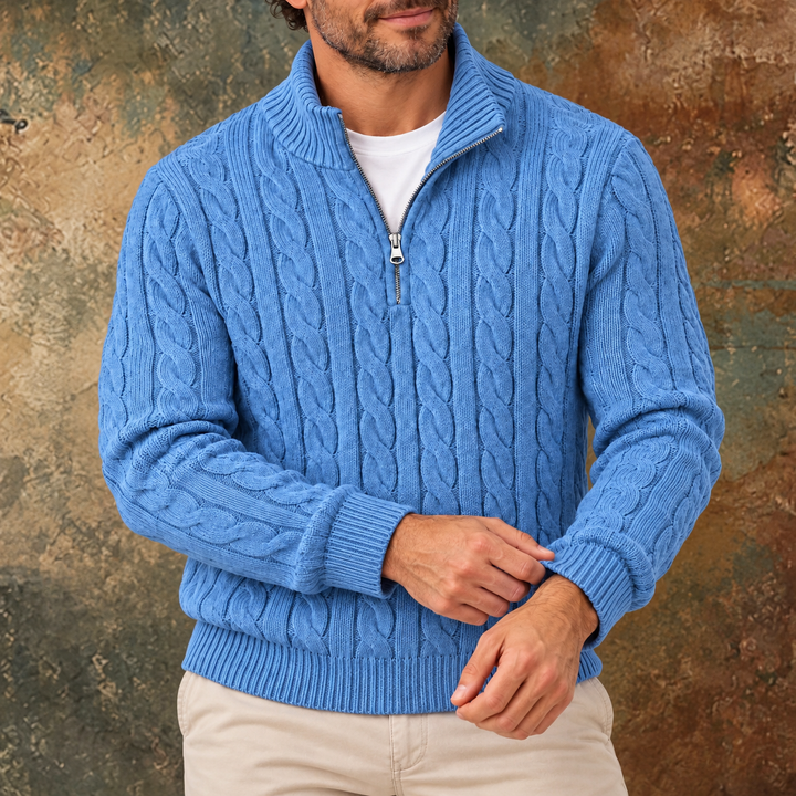 Kabeltrui heren | Gebreid model met half zip en hoge kraag