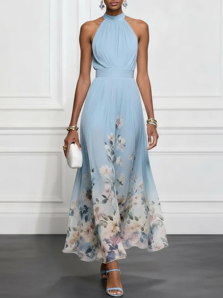 Lichtblauwe Bloemen Chiffon Halter Mouwloze Maxi Jurk