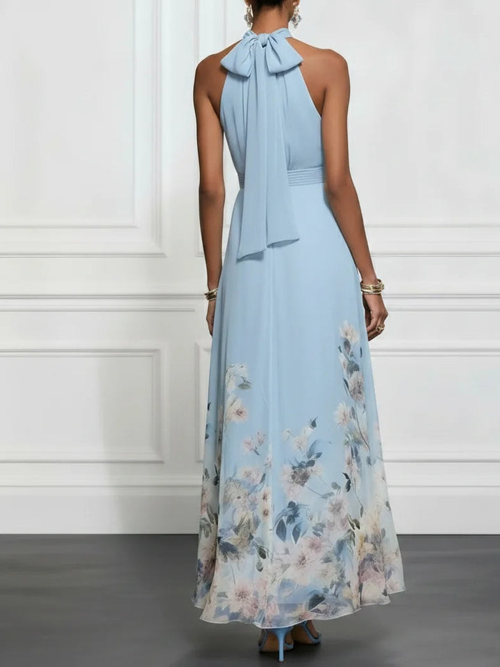 Lichtblauwe Bloemen Chiffon Halter Mouwloze Maxi Jurk