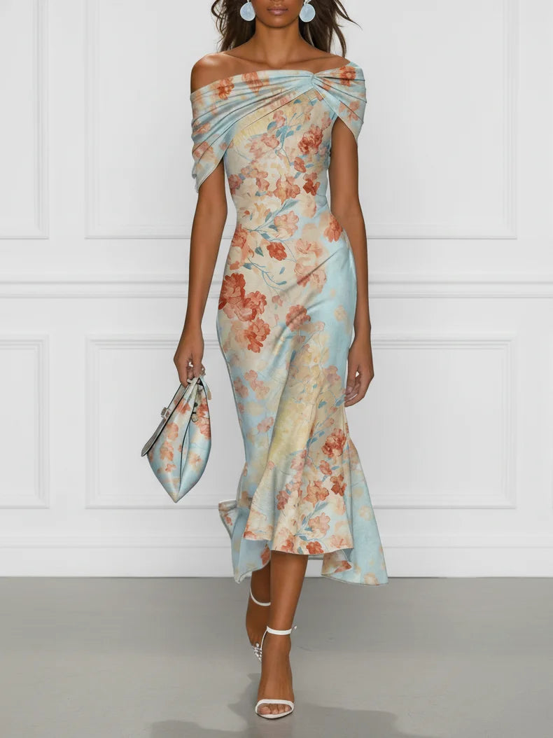 Vittoria - Midi Jurk met Mouwenloze Zeemeerminstijl en Blauwe Bloemenprint