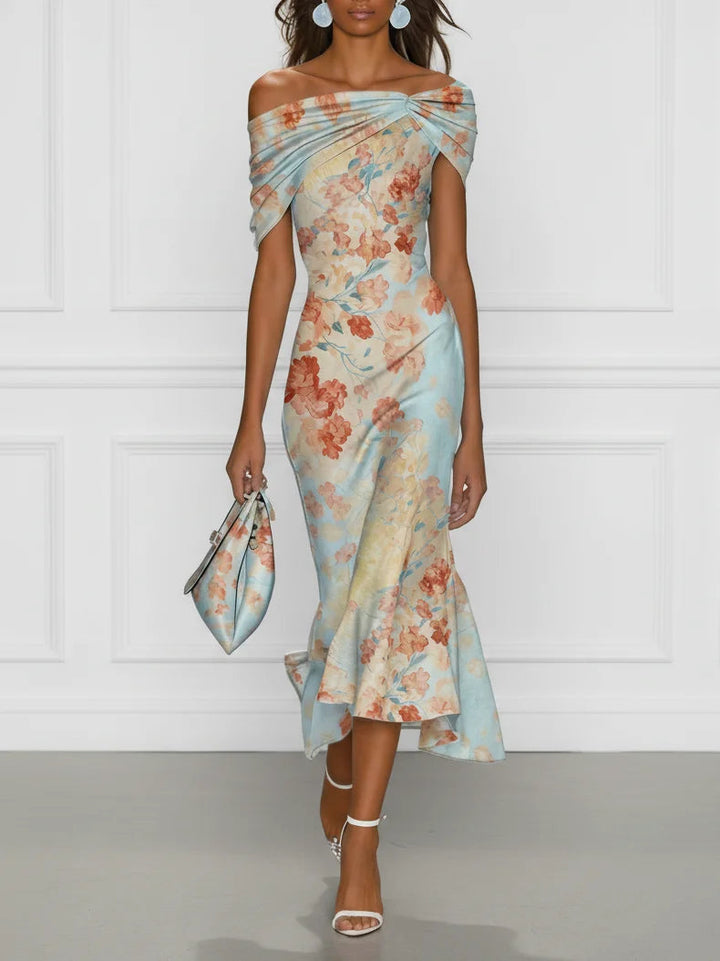 Vittoria - Midi Jurk met Mouwenloze Zeemeerminstijl en Blauwe Bloemenprint