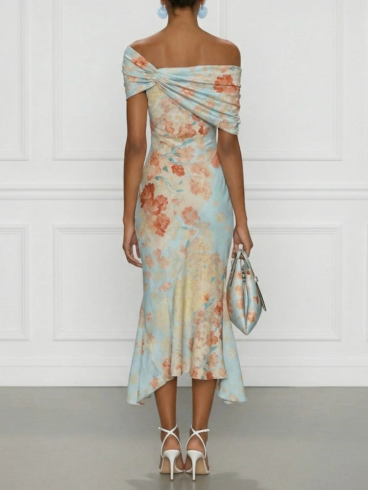 Vittoria - Midi Jurk met Mouwenloze Zeemeerminstijl en Blauwe Bloemenprint