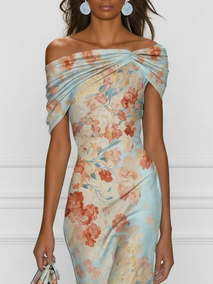 Vittoria - Midi Jurk met Mouwenloze Zeemeerminstijl en Blauwe Bloemenprint