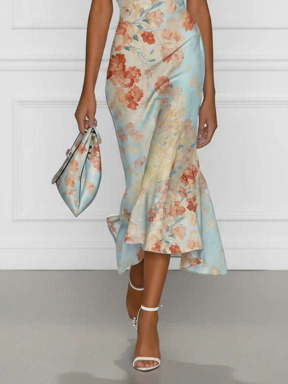 Vittoria - Midi Jurk met Mouwenloze Zeemeerminstijl en Blauwe Bloemenprint